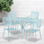 Commercial Grade 35.25 Round Sky Blue Indoor-Outdoor Steel Patio Table Set with 4 Square Back Chairs