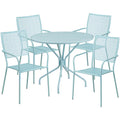 Commercial Grade 35.25 Round Sky Blue Indoor-Outdoor Steel Patio Table Set with 4 Square Back Chairs