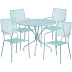 Commercial Grade 35.25 Round Sky Blue Indoor-Outdoor Steel Patio Table Set with 4 Square Back Chairs