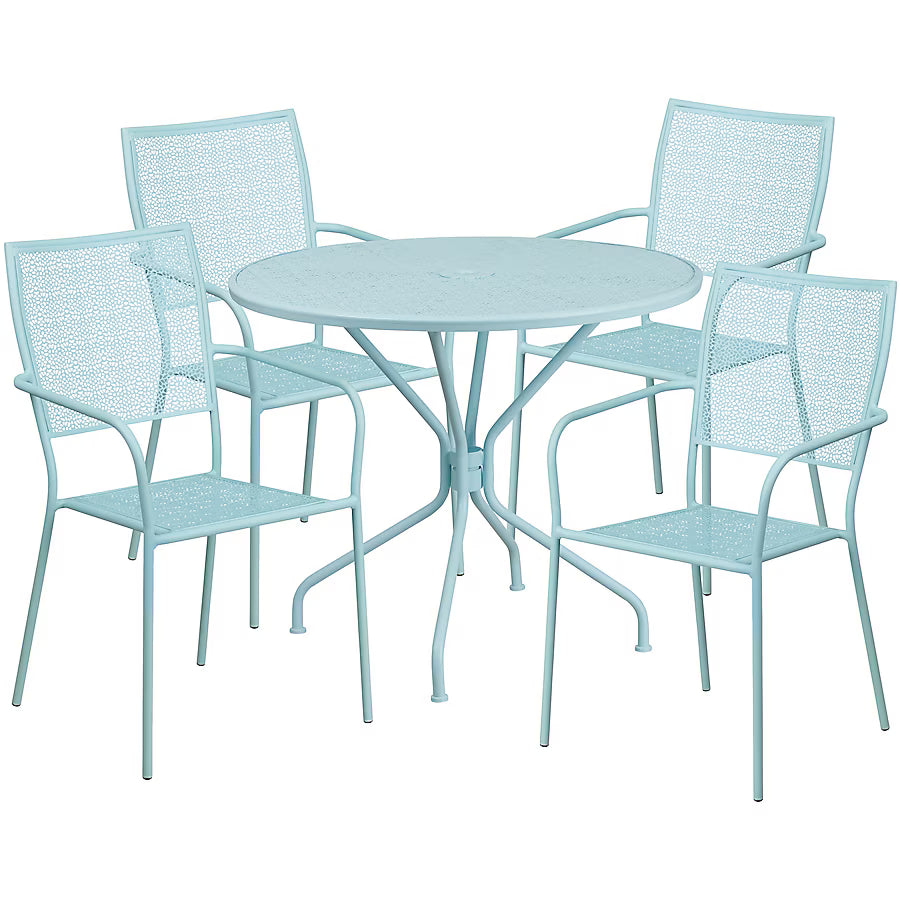 Commercial Grade 35.25 Round Sky Blue Indoor-Outdoor Steel Patio Table Set with 4 Square Back Chairs