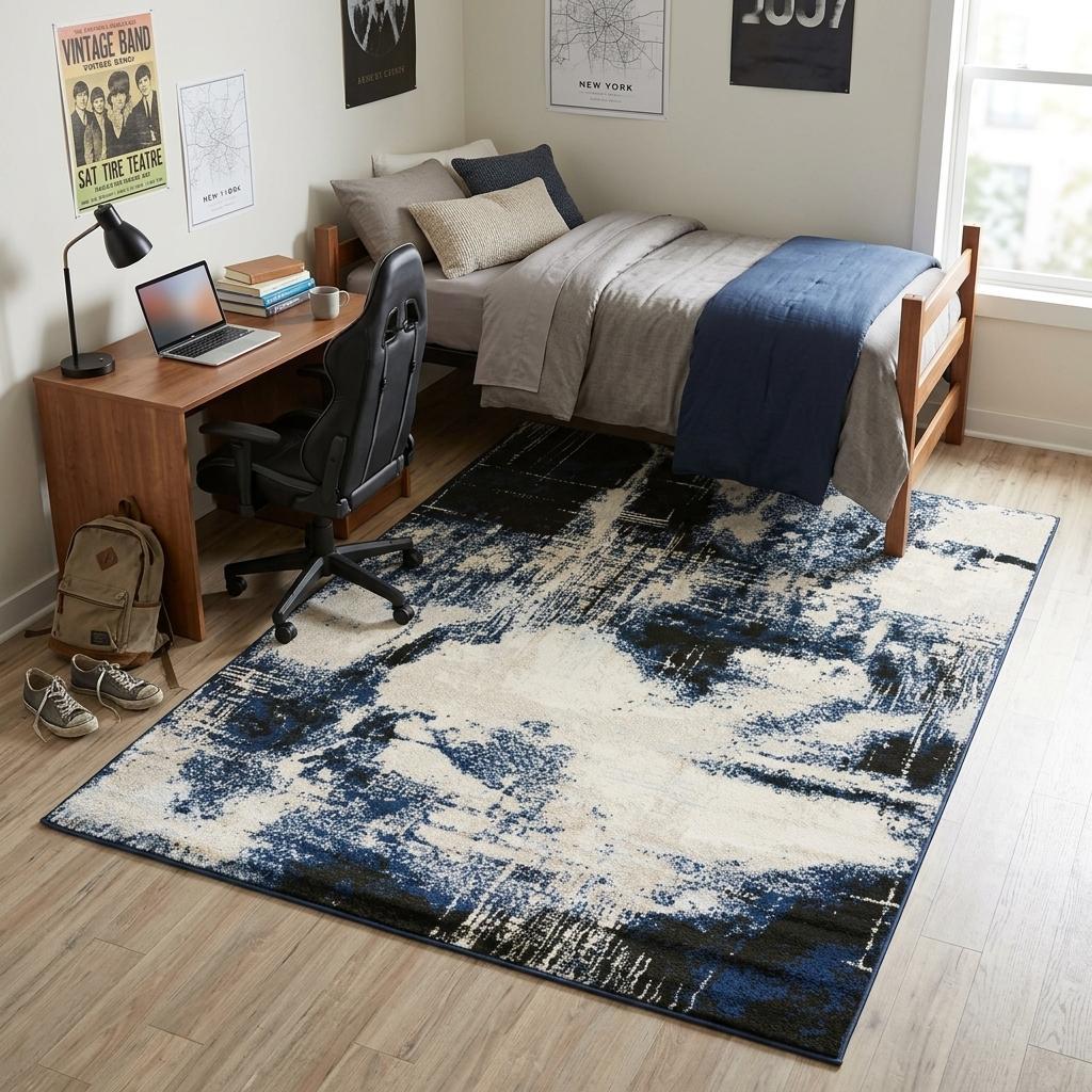 5 X 7 Black Blue And Ivory Abstract Area Rug