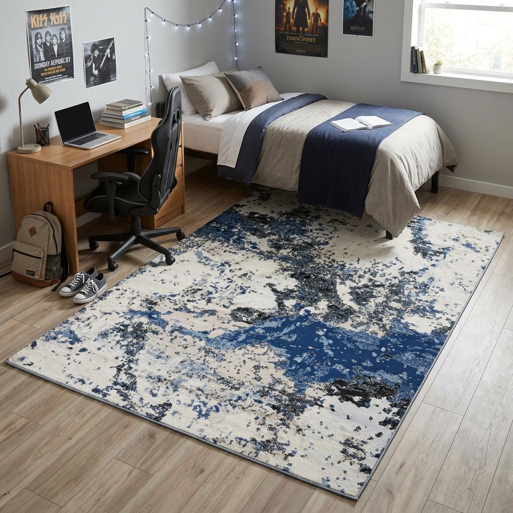 5 X 7 Blue Black Beige And Ivory Abstract Area Rug