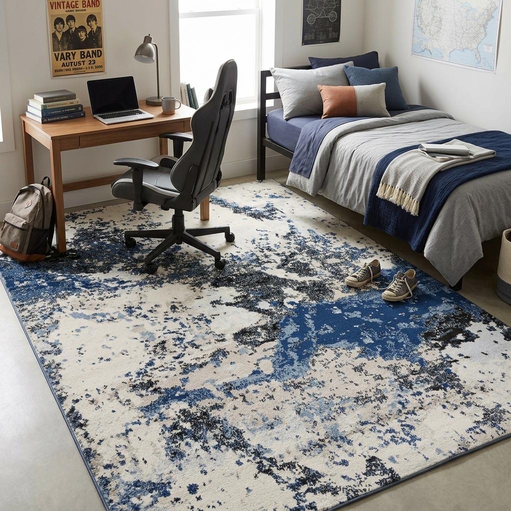 8 X 10 Blue Black Beige And Ivory Abstract Area Rug
