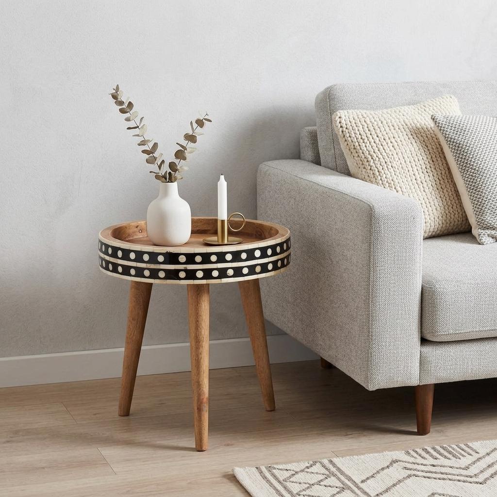 14 Inch Brown Black And White Solid Wood And Bone Inlay Round End Table