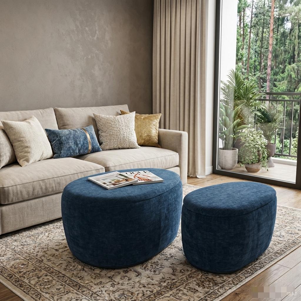 34 Inch Set of Two Blue Chenille Round Ottoman With Storage