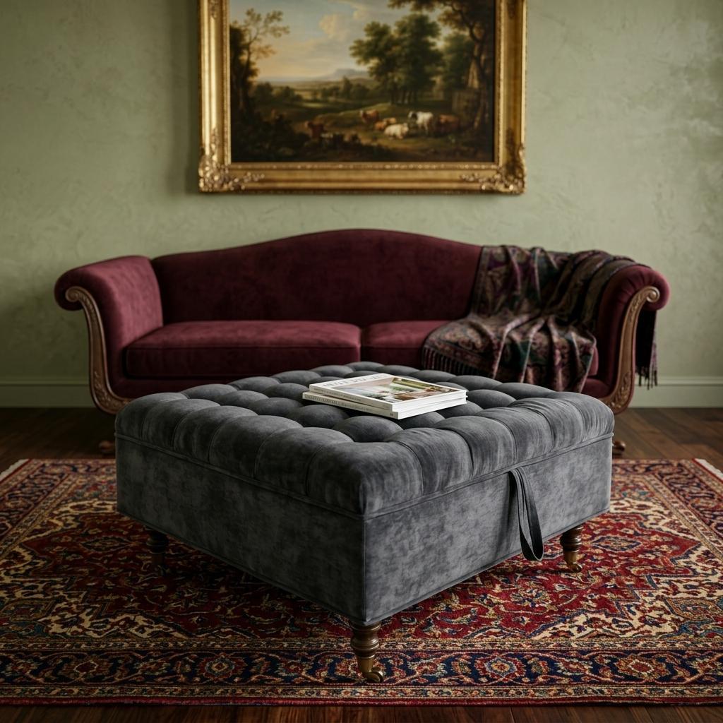 34 Inch Dark Gray And Black Rolling Chenille Tufted Ottoman With Storage
