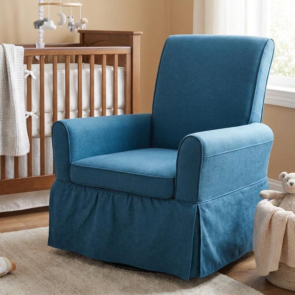 30 Inch Blue and Natural Cotton and Solid Wood Swivel Nursery Glider Rocking Chair
