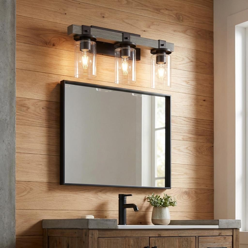 22 Inch Gray Wood Metal And Glass Three Light Bath Bar Vanity Light