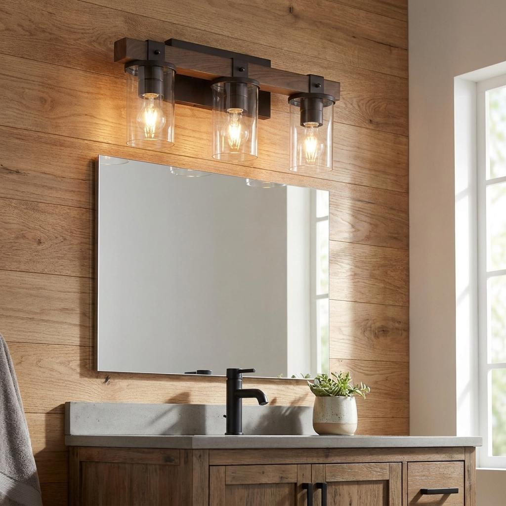 22 Inch Brown Wood Metal And Glass Three Light Bath Bar Vanity Light