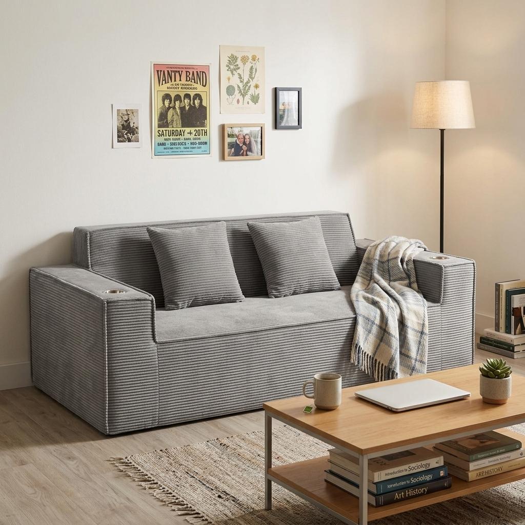 76 Inch Gray Corduroy Loveseat and Toss Pillows