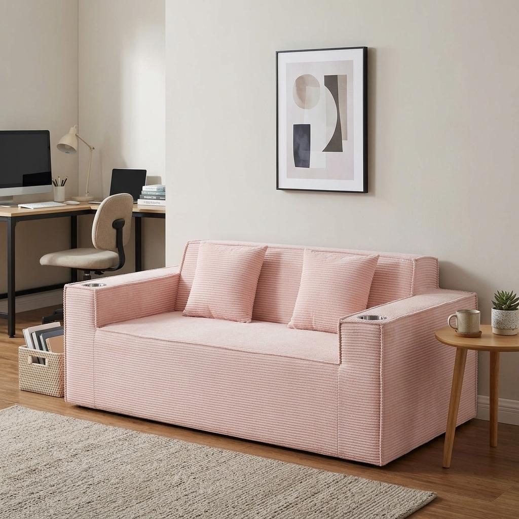 76 Inch Pink Corduroy Loveseat and Toss Pillows