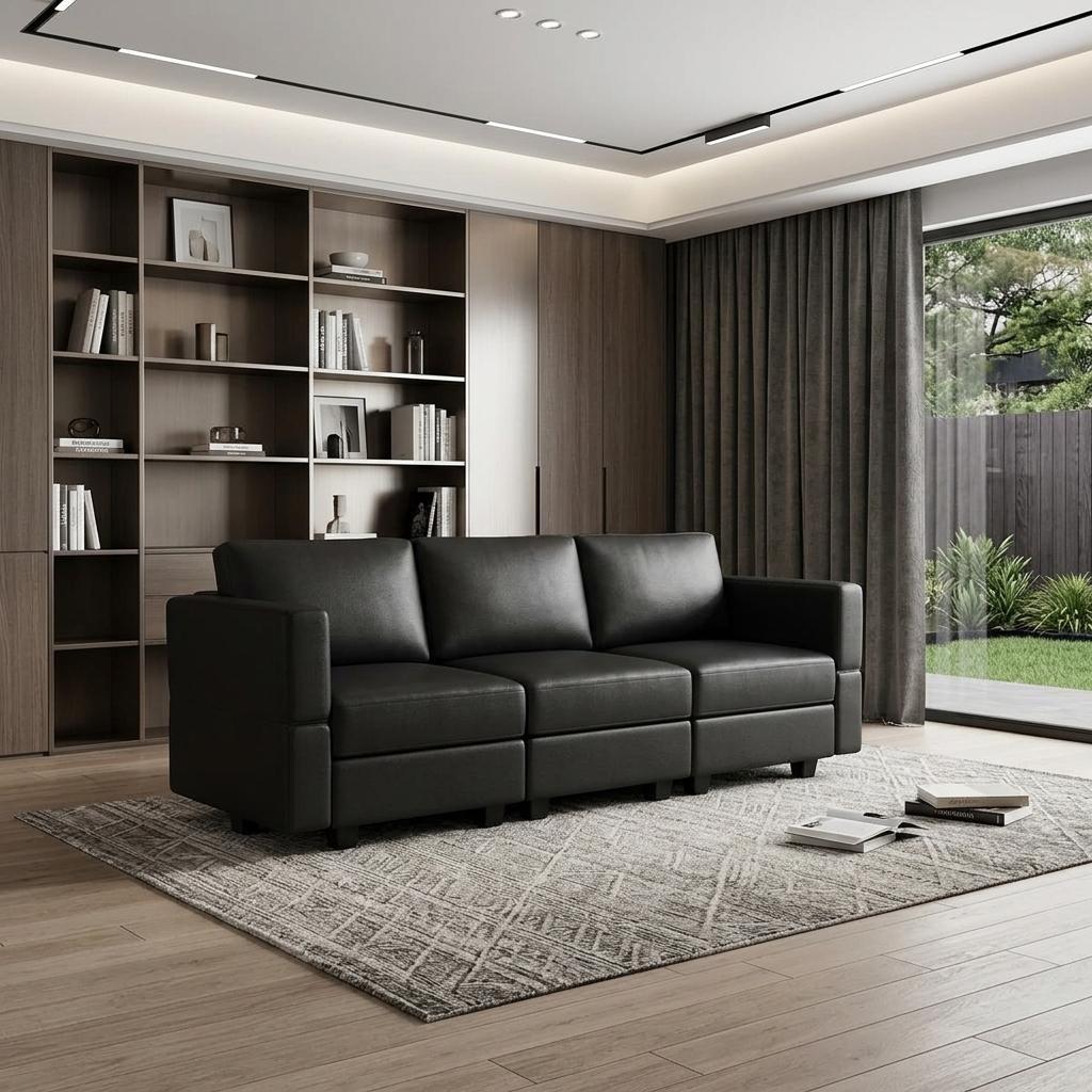 79 Inch Black Faux Leather Modular Sofa And Storage