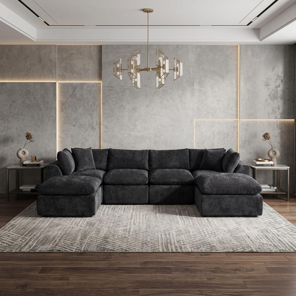 140 Inch Black Chenille Modular Sofa With Ottoman And Toss Pillows