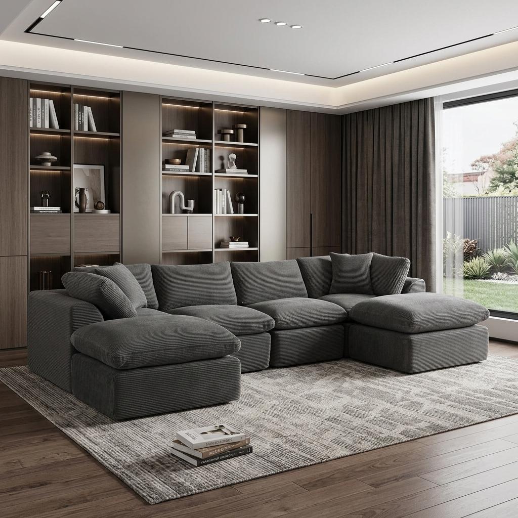140 Inch Dark Gray Corduroy Modular Sofa With Ottoman And Toss Pillows