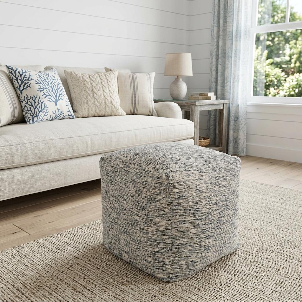 18 Inch Blue and Ivory Cotton Blend Striped Cube Pouf Ottoman