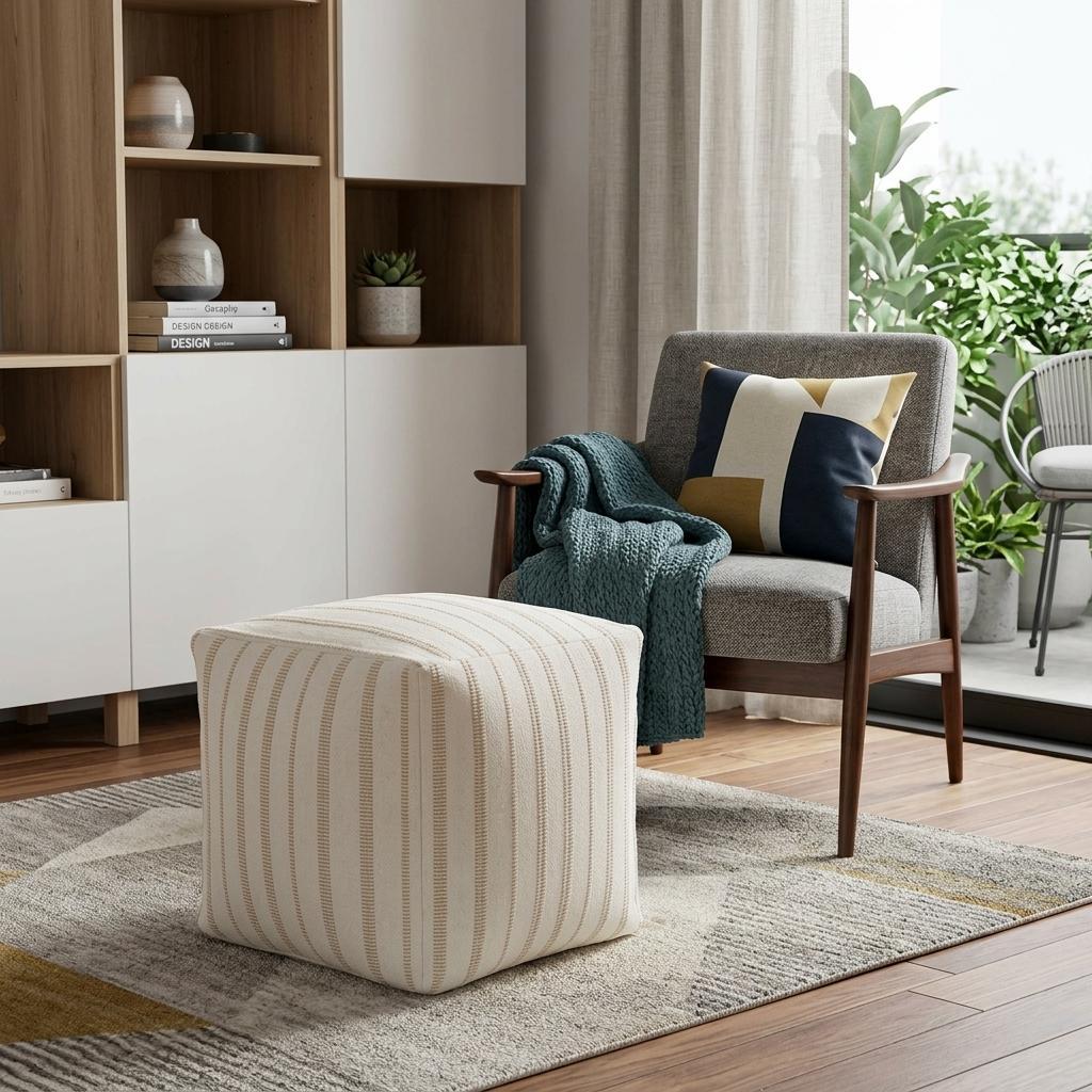 18 Inch Beige and Ivory Cotton Blend Striped Cube Pouf Ottoman