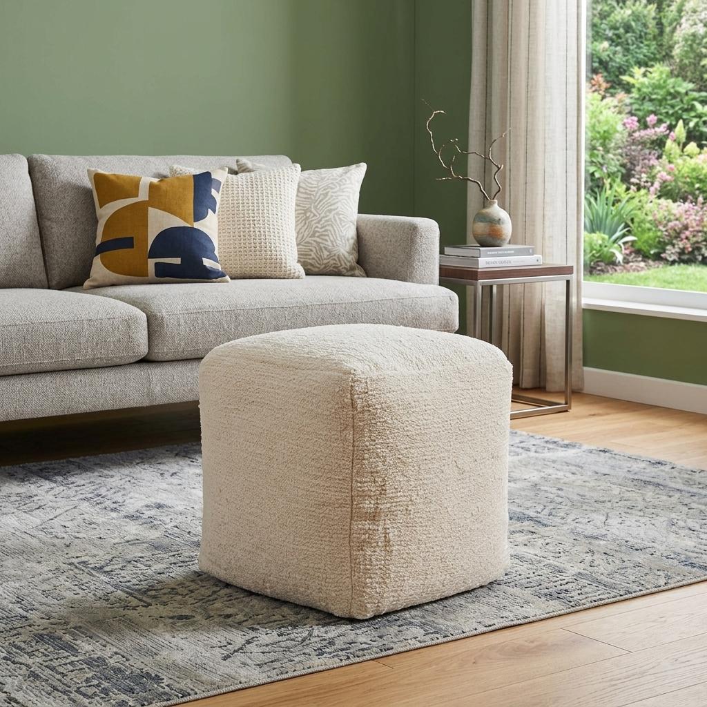 18 Inch Beige and Natural Cotton Blend Cube Pouf Ottoman