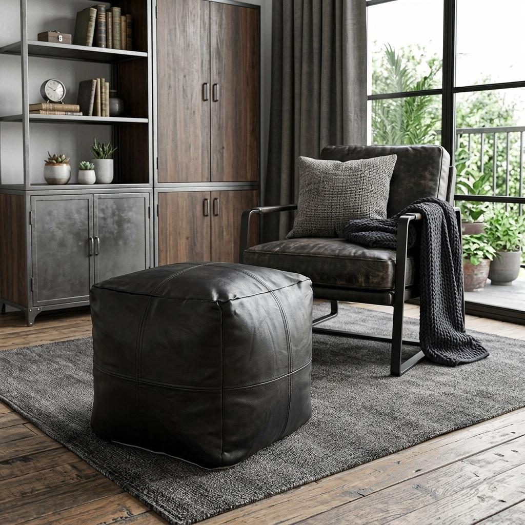 18 Inch Black Faux Leather Cube Pouf Ottoman