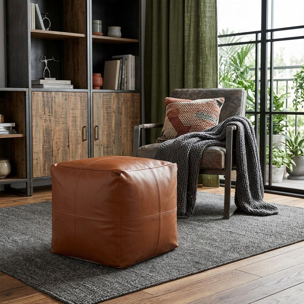 18 Inch Brown Faux Leather Cube Pouf Ottoman