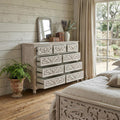 57 Inch White Carved Floral Solid Wood Nine Drawer Dresser