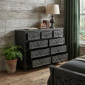 57 Inch Black Carved Floral Solid Wood Nine Drawer Dresser
