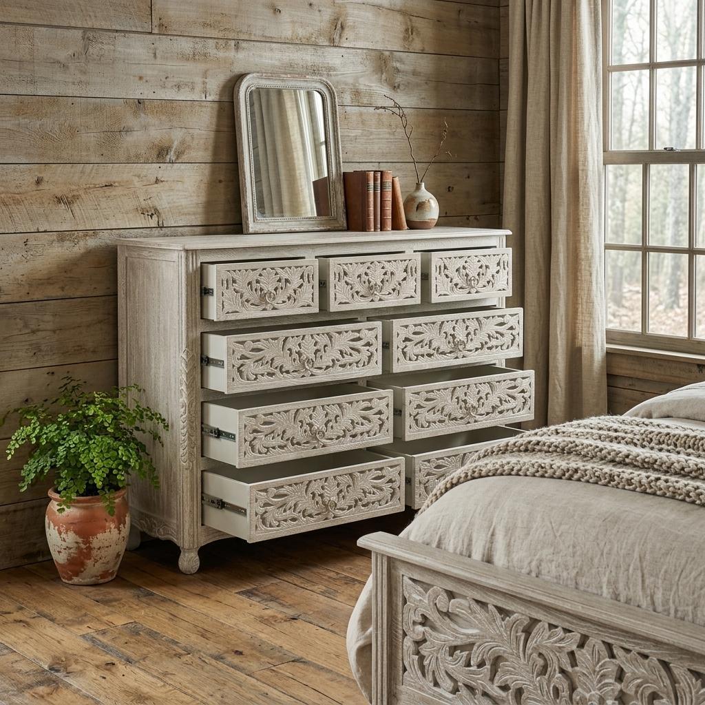 57 Inch Gray Carved Floral Solid Wood Nine Drawer Dresser