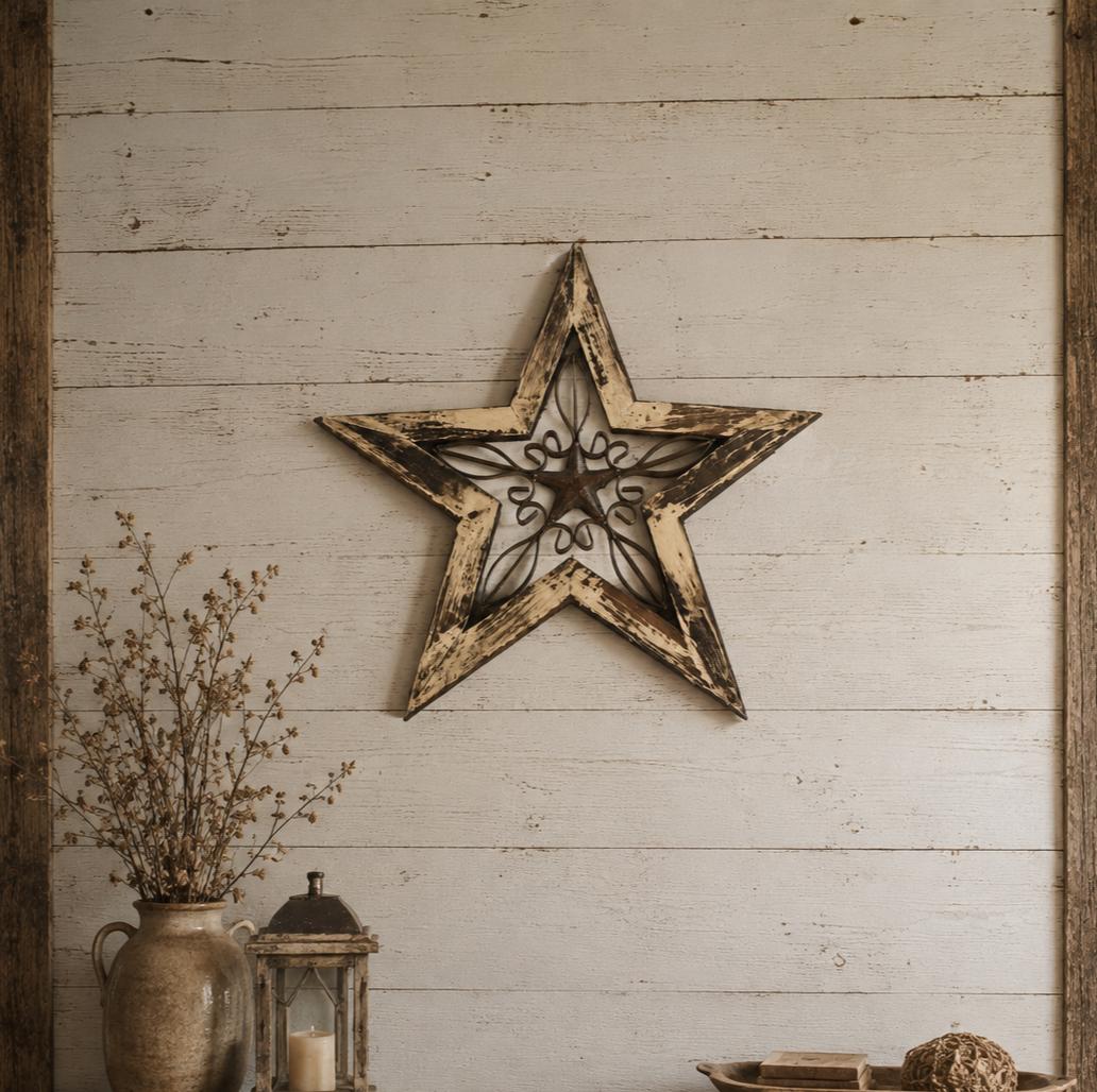 20 Inch X 20 Inch Natural And Brown Wood And Iron Star Hanging Dimensional Sculpture