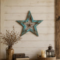 20 Inch X 20 Inch Turquoise And Brown Wood And Iron Star Hanging Dimensional Sculpture