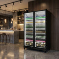 76 Inch X 44 Inch Clear and Black Stainless Steel Double Door Can Beverage Refrigerator