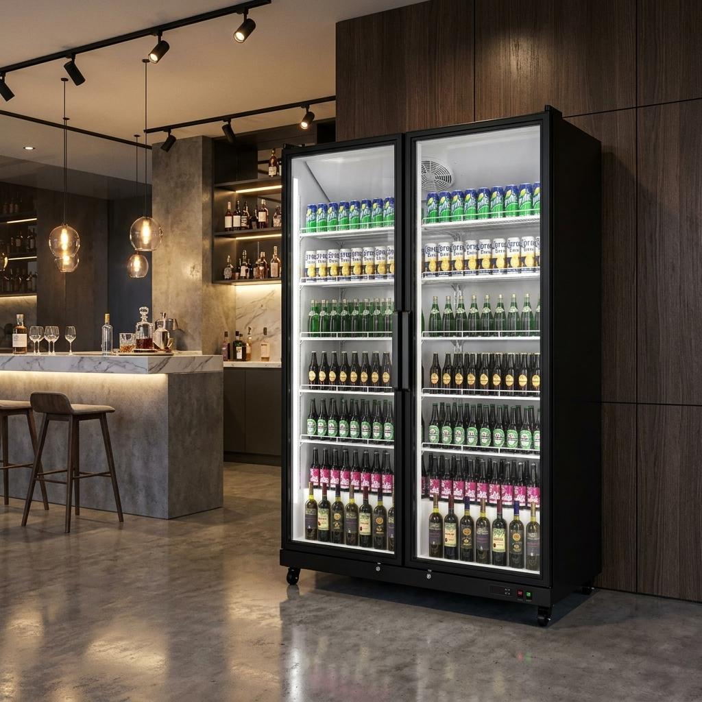 76 Inch X 44 Inch Clear and Black Stainless Steel Double Door Can Beverage Refrigerator