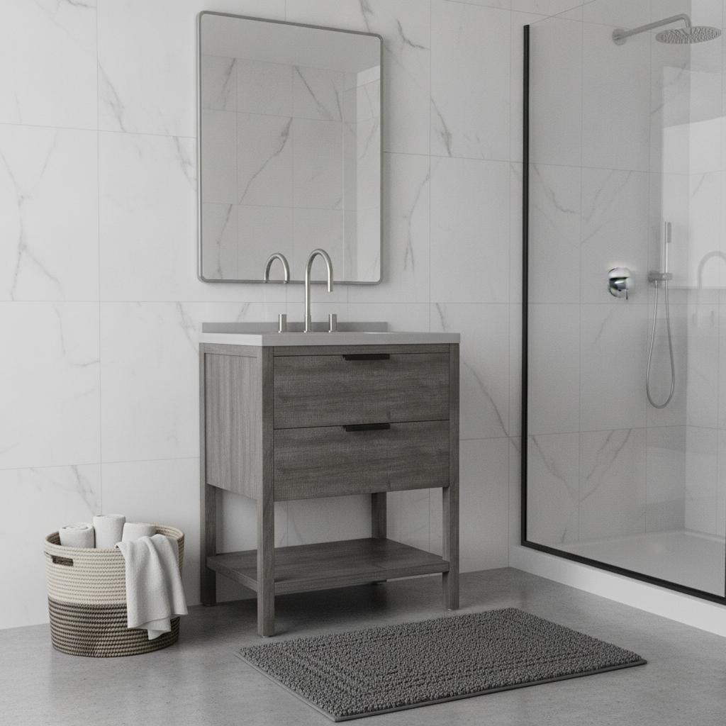 30 Inch Gray Wood Bathroom Vanity With White Cultured Marble Sink Two Drawers And Shelf
