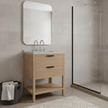30 Inch Natural Wood Bathroom Vanity With White Cultured Marble Sink Two Drawers And Shelf