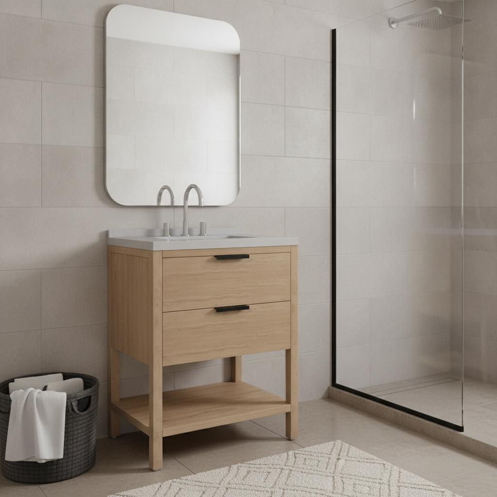 30 Inch Natural Wood Bathroom Vanity With White Cultured Marble Sink Two Drawers And Shelf