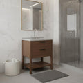 30 Inch Brown Wood Bathroom Vanity With White Cultured Marble Sink Two Drawers And Shelf