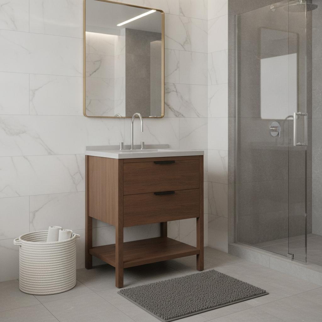 30 Inch Brown Wood Bathroom Vanity With White Cultured Marble Sink Two Drawers And Shelf