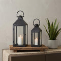 Set of Two Black And Clear Glass And Metal Tabletop Lantern Candle Holders