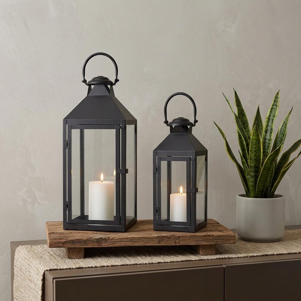 Set of Two Black And Clear Glass And Metal Tabletop Lantern Candle Holders