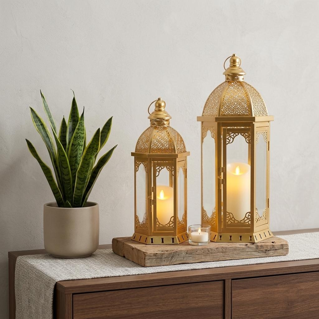 Set of Two Clear And Gold Filigree Glass And Metal Tabletop Lantern Candle Holders