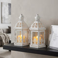 Set of Two White Distressed Glass And Metal Tabletop Lantern Candle Holders