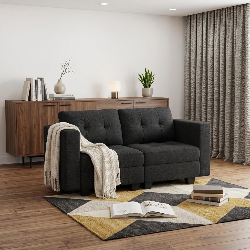 64 Inch Dark Gray And Black Linen Blend Modular Loveseat With Storage