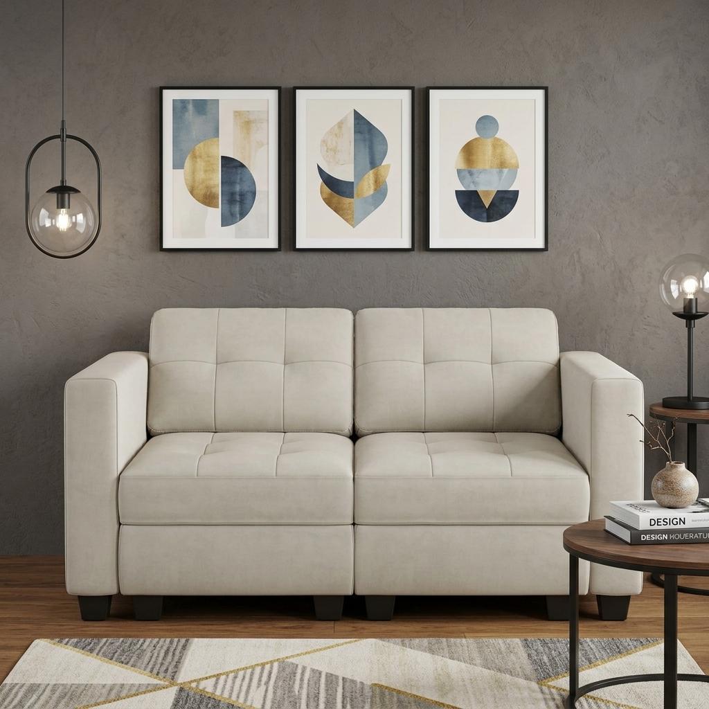 64 Inch Beige And Black Velvet Modular Loveseat With Storage