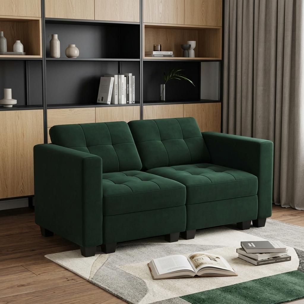 64 Inch Green And Black Velvet Loveseat With Storage and Toss Pillows