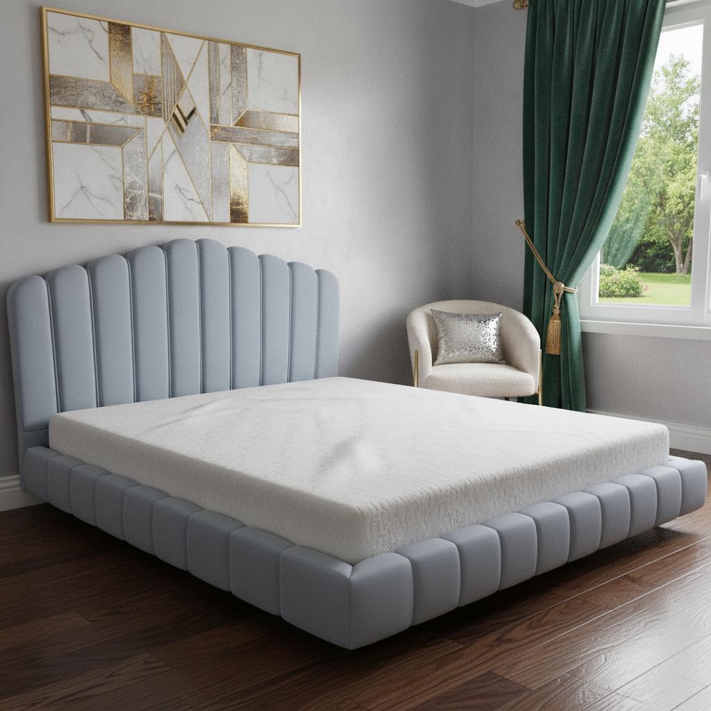 Light Blue Tufted Velvet Scallop Shell Upholstered Queen Bed Frame