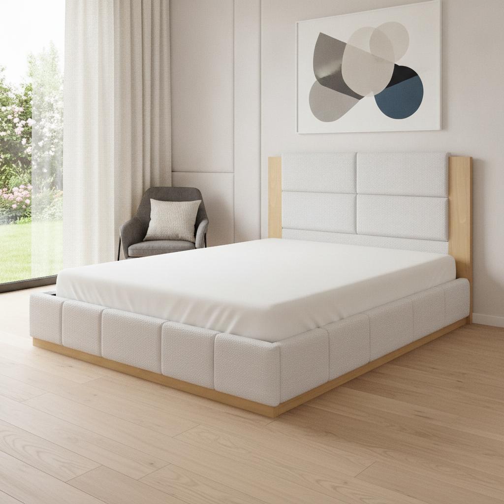 Natural And Off White Solid Wood And Tufted Boucle Upholstered King Bed Frame