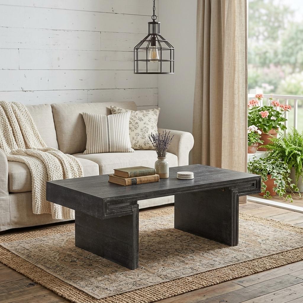 48 Inch Black Wood And Solid Wood Distressed Frame Coffee Table