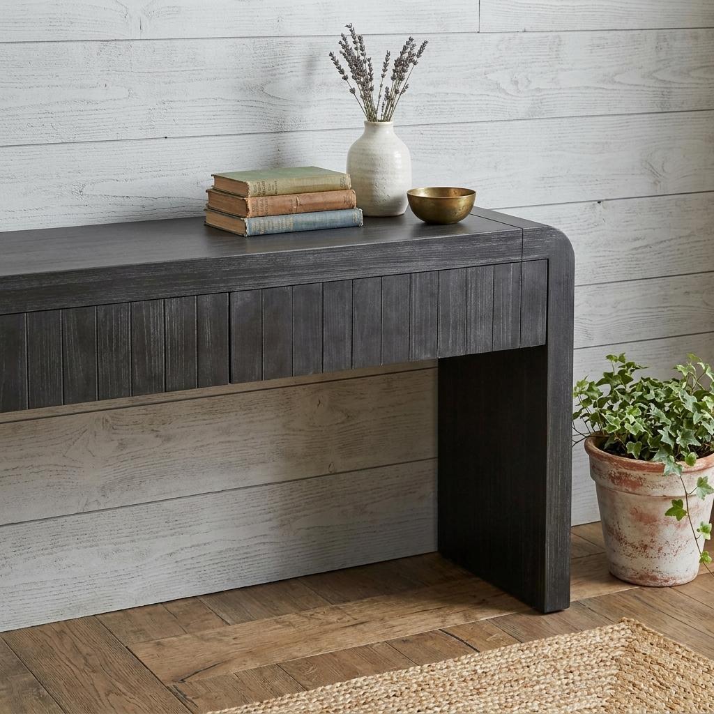 59 Inch Black Distressed Wood Pedestal Console Table