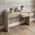 59 Inch Natural Distressed Wood Pedestal Console Table With Two Drawers