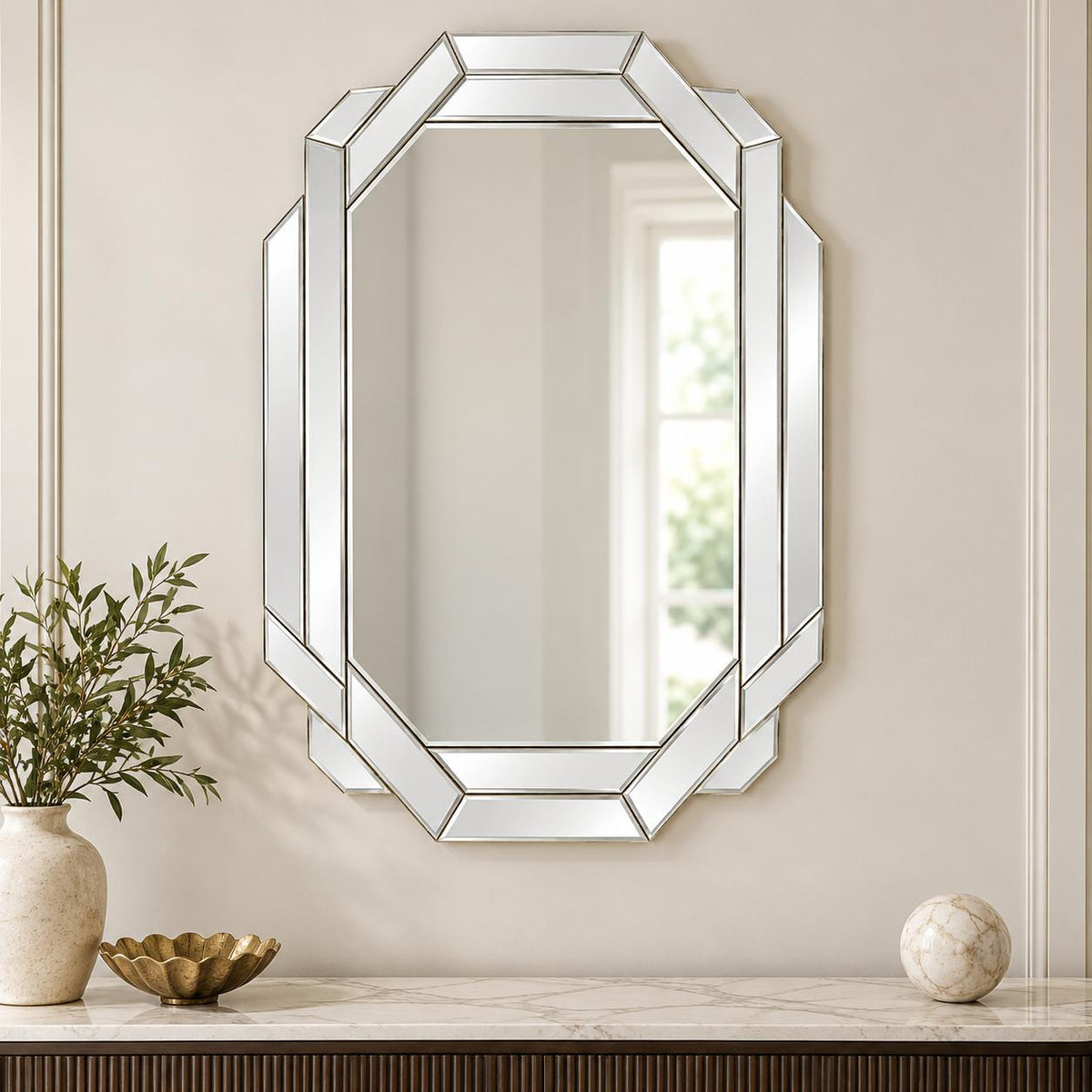 36 Inch Beveled Geometric Frameless Accent Mirror