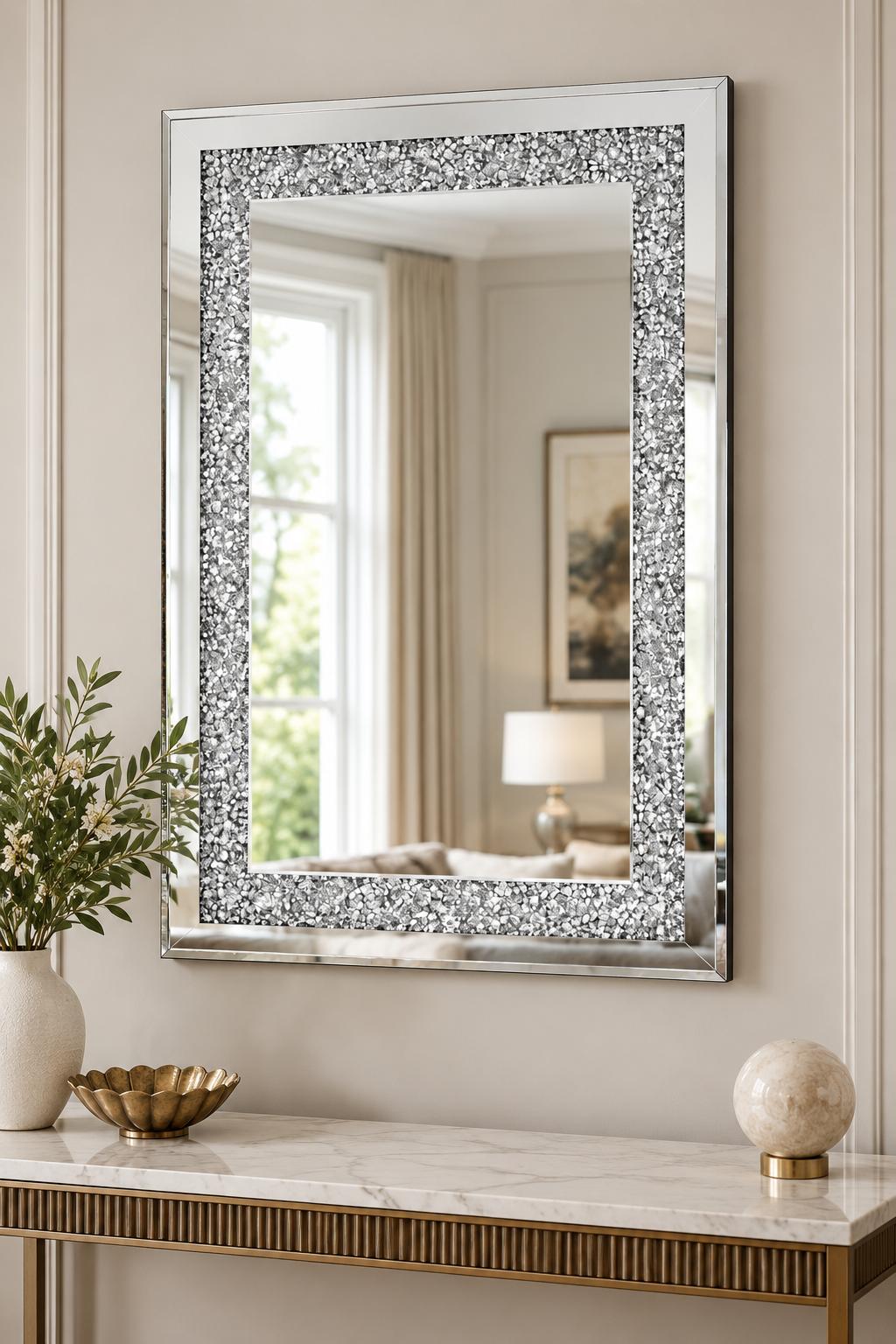 36 Inch Silver Beveled Glass And Faux Crystal Bling Framed Accent Mirror