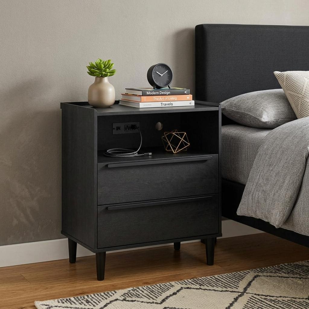 26 Inch Black Wood Two Drawer Nightstand with USB Port and Integrated Tech